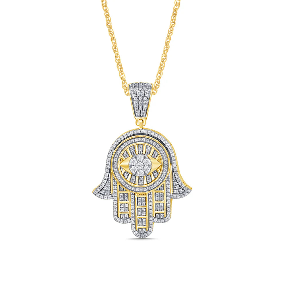 10K YELLOW GOLD .75 CARAT REAL DIAMOND 1.50 INCHES HAMSA HAND PENDANT CHARM