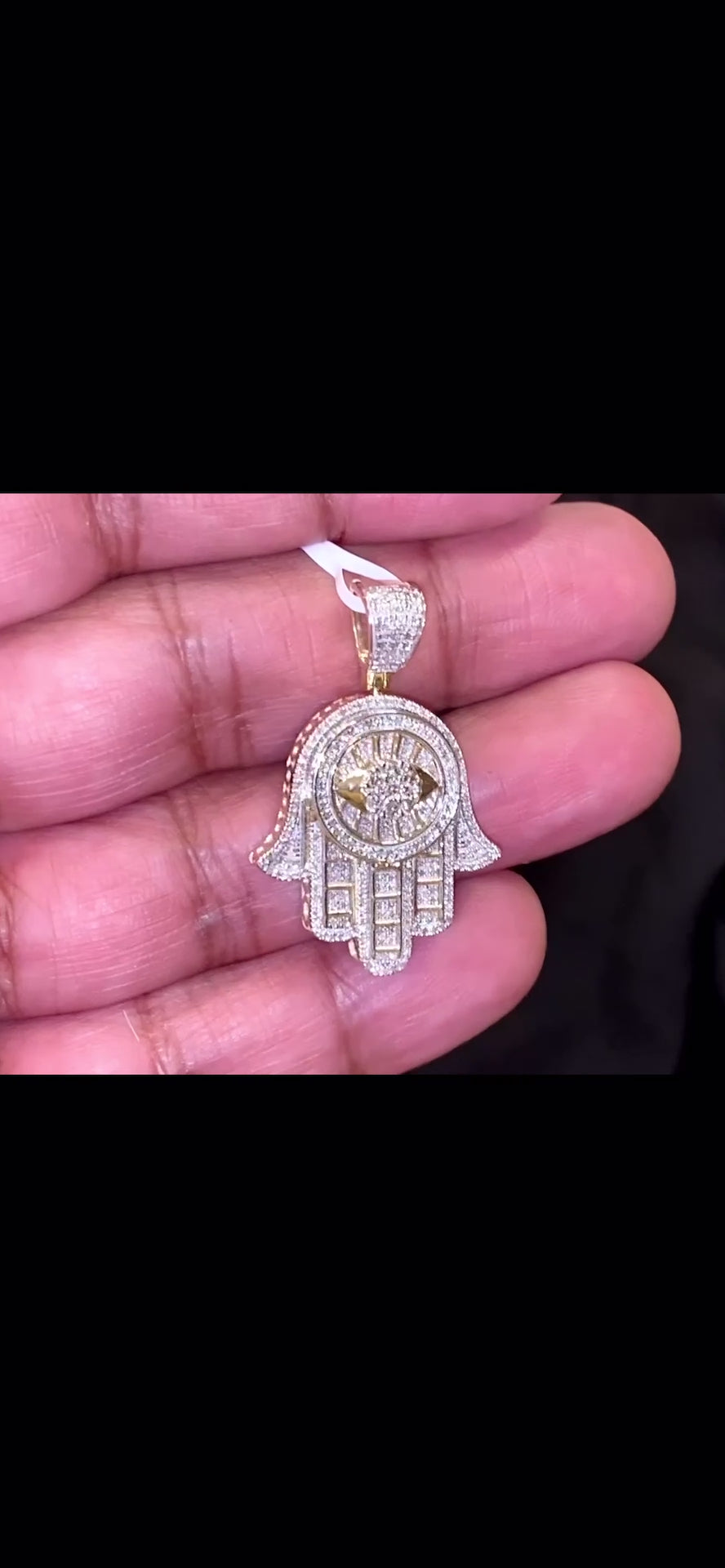 10K YELLOW GOLD .75 CARAT REAL DIAMOND 1.50 INCHES HAMSA HAND PENDANT CHARM